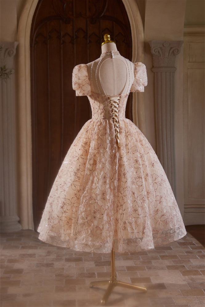 Beaded High Neck Champagne Floral Tea Length Dress – Ohmollydress