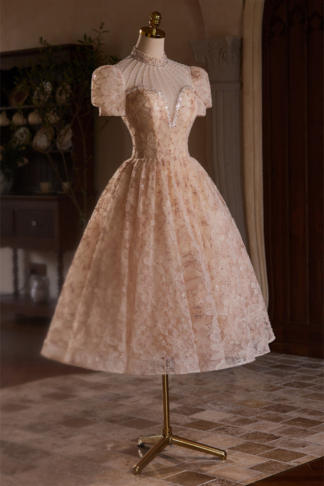 Beaded High Neck Champagne Floral Tea Length Dress – Ohmollydress Beaded High Neck Champagne Floral Tea Length Dress – Ohmollydress