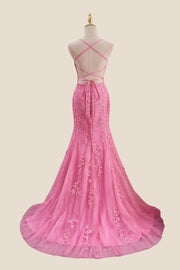 Straps Hot Pink Lace Mermaid Long Prom Dress