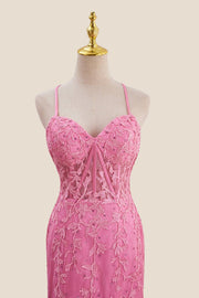 Straps Hot Pink Lace Mermaid Long Prom Dress