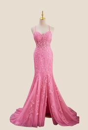 Straps Hot Pink Lace Mermaid Long Prom Dress