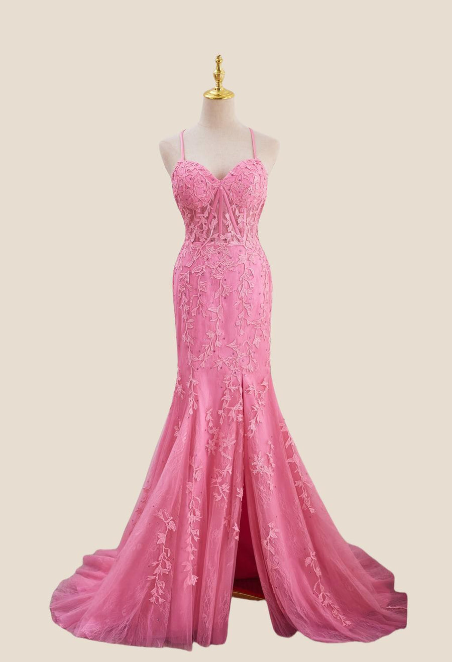 Straps Hot Pink Lace Mermaid Long Prom Dress