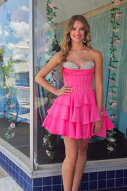 Beaded Neck Red Tiered A-line Short Dress