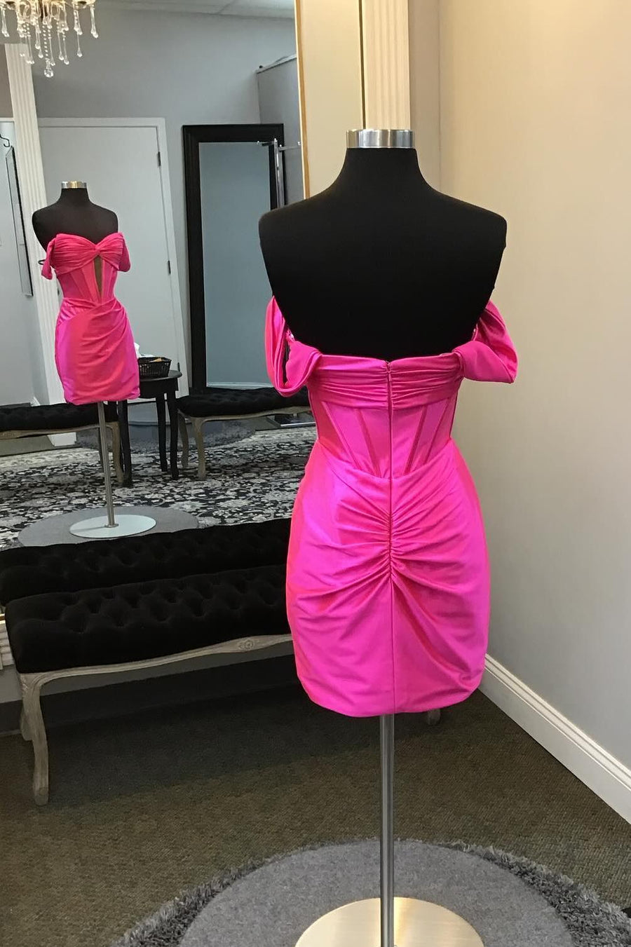 Off the Shoulder Hot Pink Ruched Short Dress