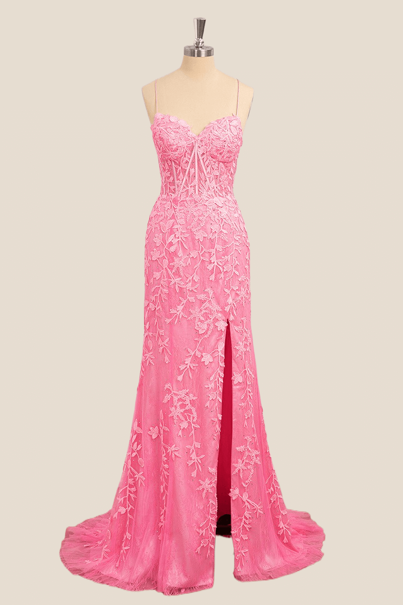 Mermaid Hot Pink Lace Long  Prom Dresses, Hot Pink Mermaid Lace Formal Evening Graduation Dresses