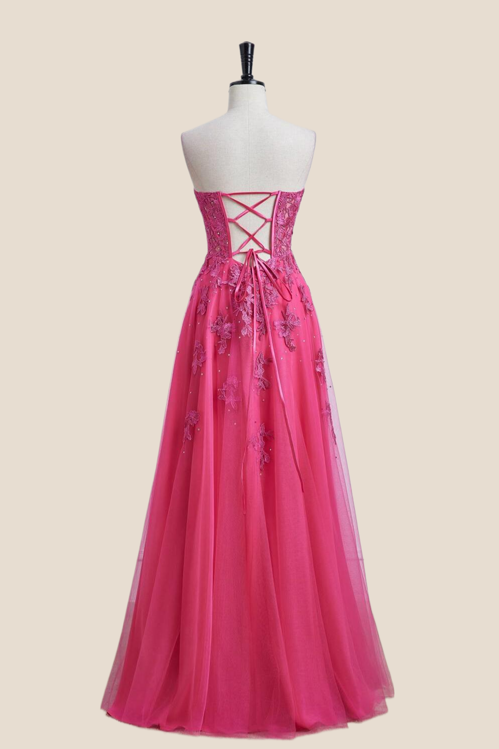 Hot Pink Lace and Tulle Long Formal Dress