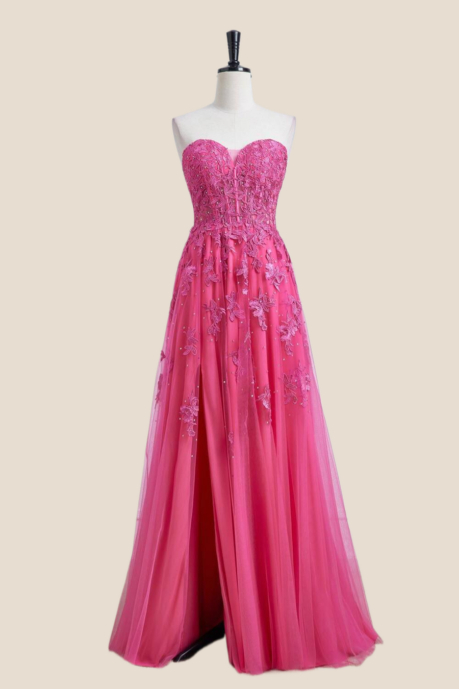 Hot Pink Lace and Tulle Long Formal Dress