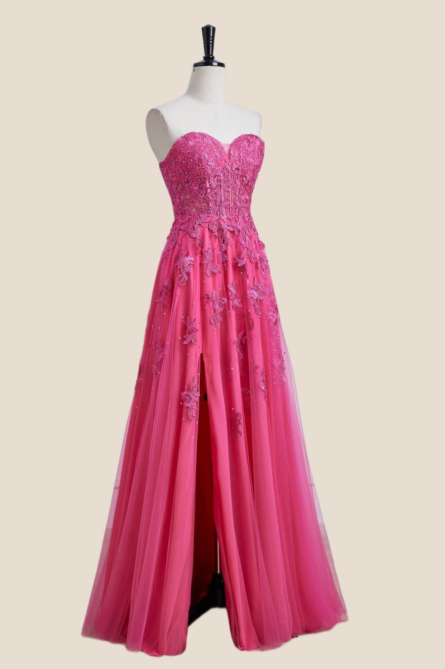 Hot Pink Lace and Tulle Long Formal Dress