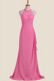 Hot Pink Halter Chiffon Draped Long Dress