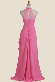 Hot Pink Halter Chiffon Draped Long Dress
