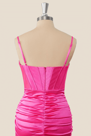 Straps Hot Pink Ruched Tight Mini Dress