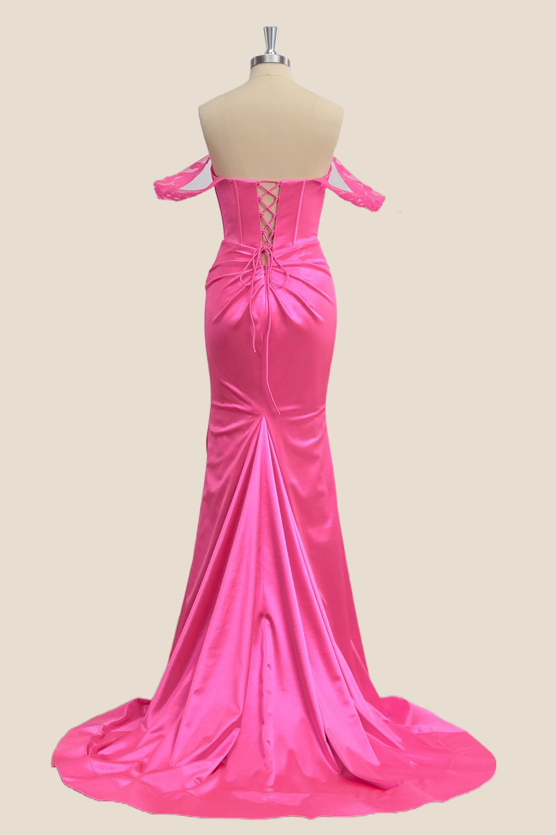 Off the Shoulder Hot Pink Mermaid Long Party Dress