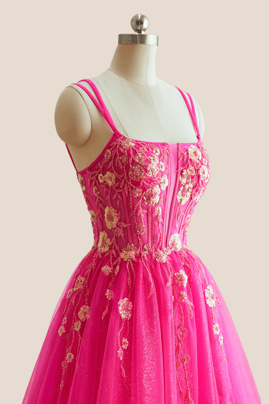 Hot Pink Tulle A-line Long Formal Dress