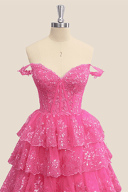 Hot Pink Appliques Tiered Ruffles A-line Long Formal Dress