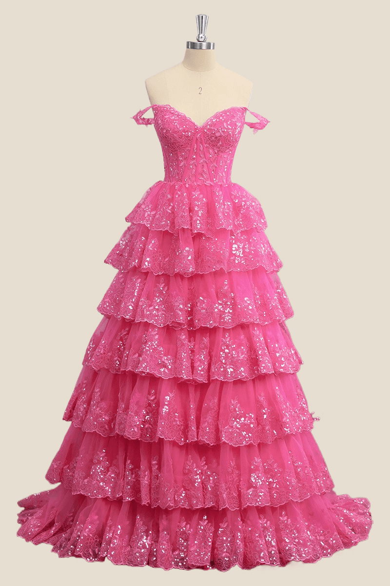 Hot Pink Appliques Tiered Ruffles A-line Long Formal Dress