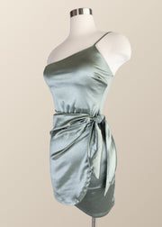 Straps Silk Sage Green Ruched Bodycon Dress
