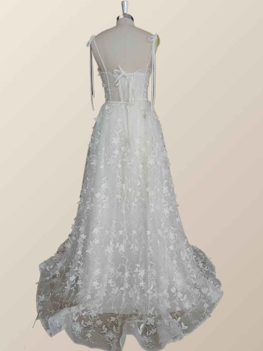 Straps Pink Floral Tulle A-line Long Formal Dress