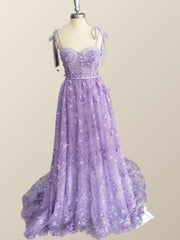 Straps Pink Floral Tulle A-line Long Formal Dress
