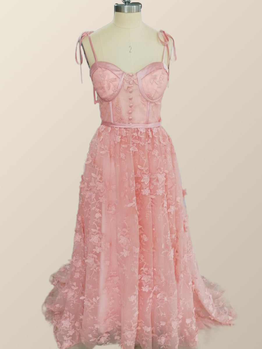 Straps Pink Floral Tulle A-line Long Formal Dress