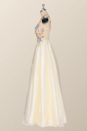 One Shoulder Champagne Floral Long Prom Dress