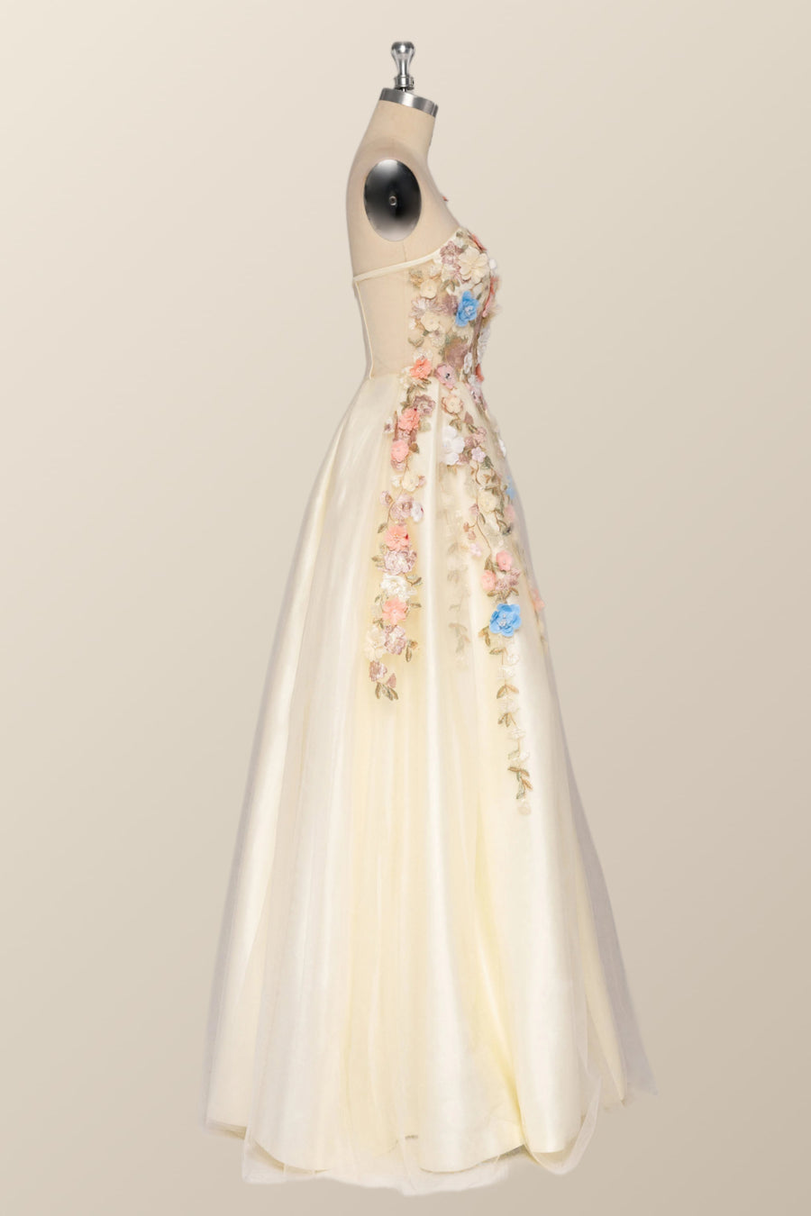 One Shoulder Champagne Floral Long Prom Dress