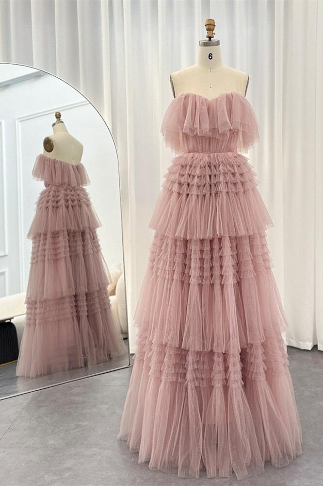 Off the Shoulder Blush Pink Tulle Tiered Formal Gown