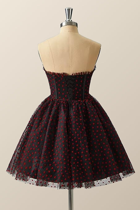 Sweetheart Black Tulle Red Hearts Printed Short Dress