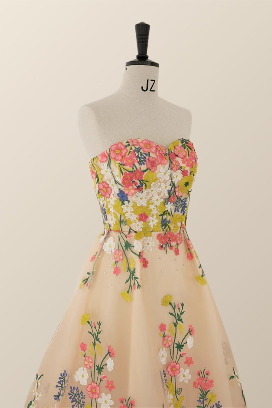 Strapless Champagne Floral A-line Tea Length Dress Ohmollydress Strapless Champagne Floral A-line Tea Length Dress Ohmollydress
