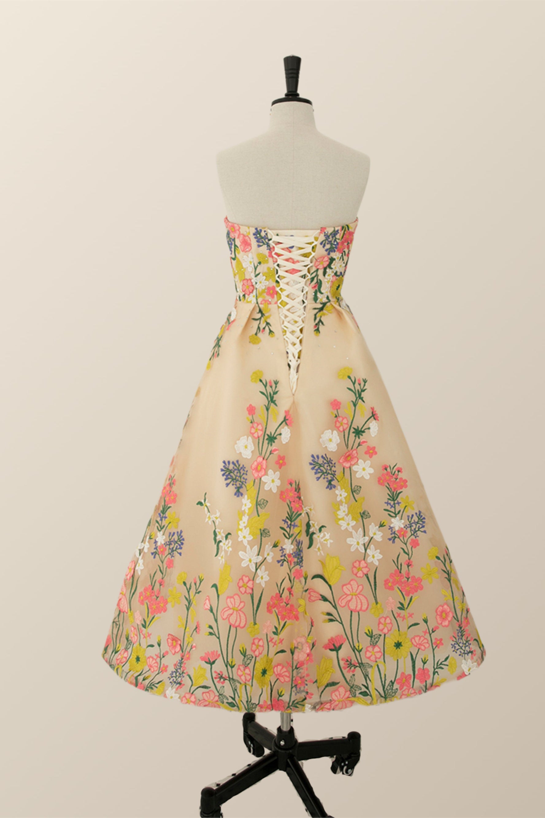 Strapless Champagne Floral A-line Tea Length Dress