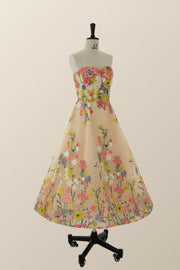 Strapless Champagne Floral A-line Tea Length Dress