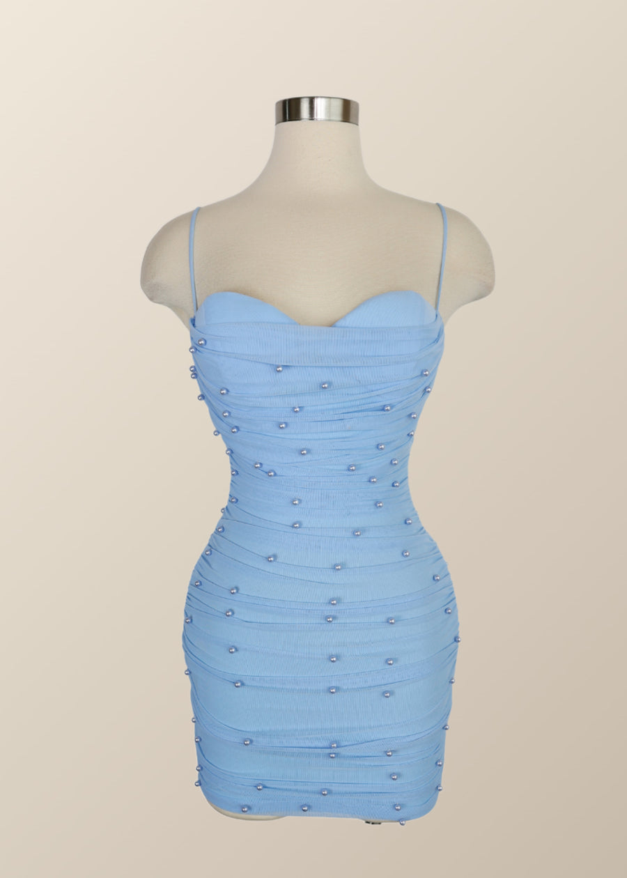 Straps Blue Tight Mini Dress with Pearls Ohmollydress Straps Blue Tight Mini Dress with Pearls Ohmollydress