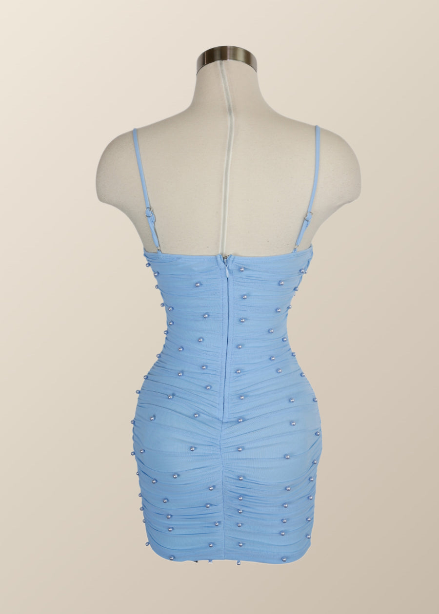 Straps Blue Tight Mini Dress with Pearls Ohmollydress Straps Blue Tight Mini Dress with Pearls Ohmollydress