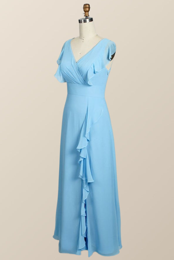 Blue Chiffon Ruffles Long Bridesmaid Dress