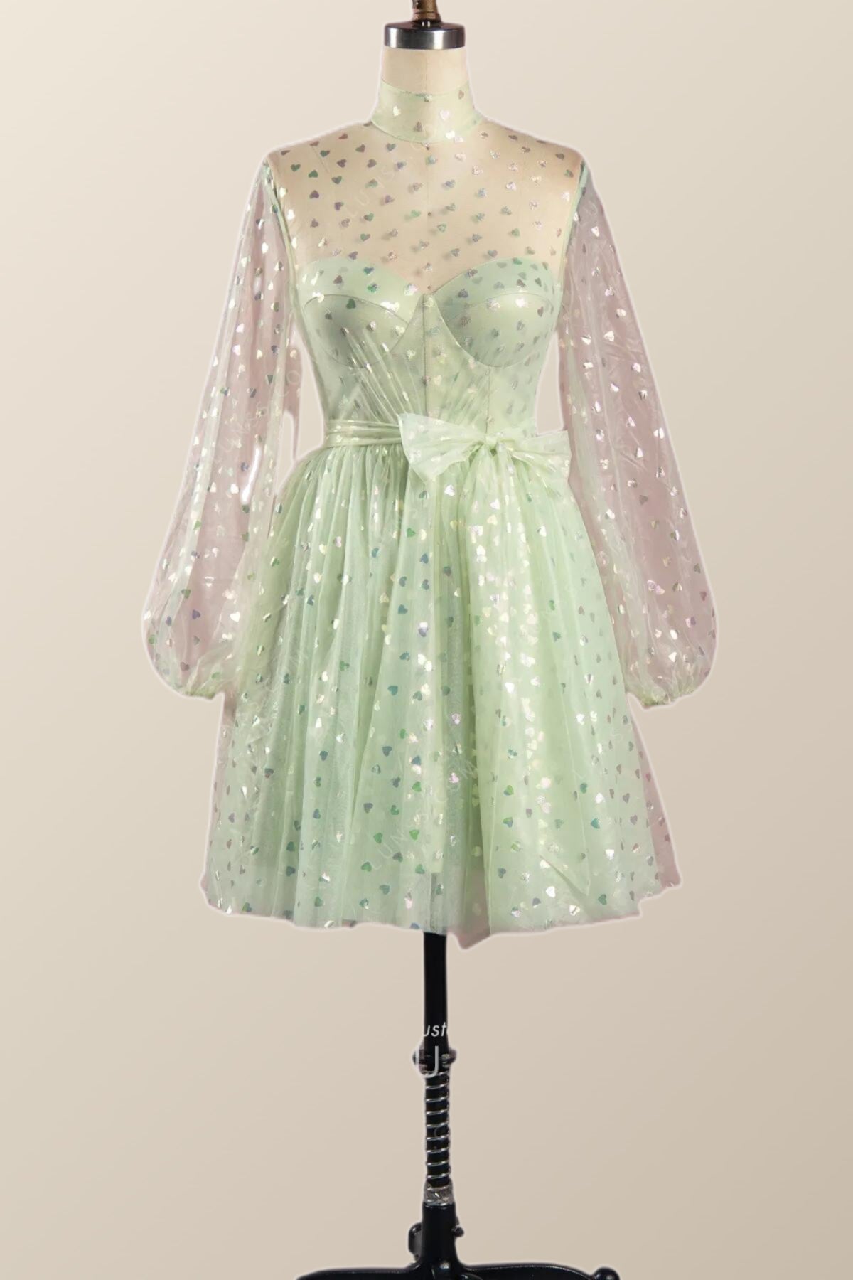 light green puffy dress A-Line Puff Sleeves Satin Green Long Prom Dress, Green Sweet 16 Dress dresstby