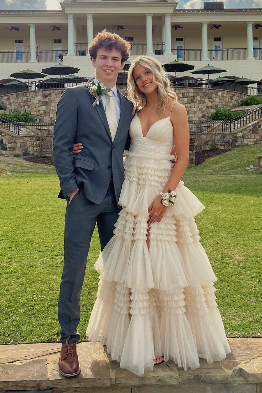 Champagne Tiered Ruffle Long Ball Gown with Straps – Ohmollydress