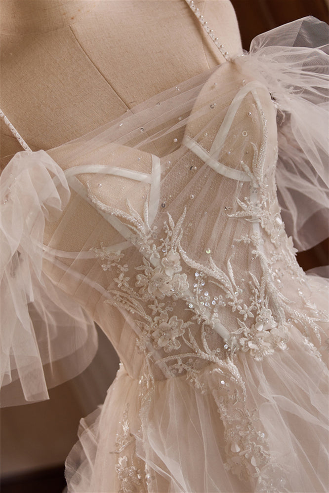 Straps Sheer Corset Ivory Ruffles Wedding Gown
