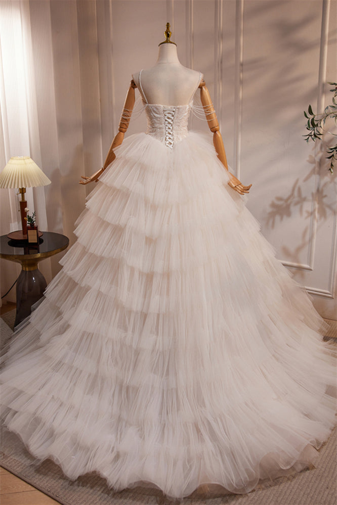 Straps Ivory Tulle Tiered Wedding Gown