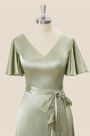 Short Sleeves Sage Green Ruffles Tea Length Dress