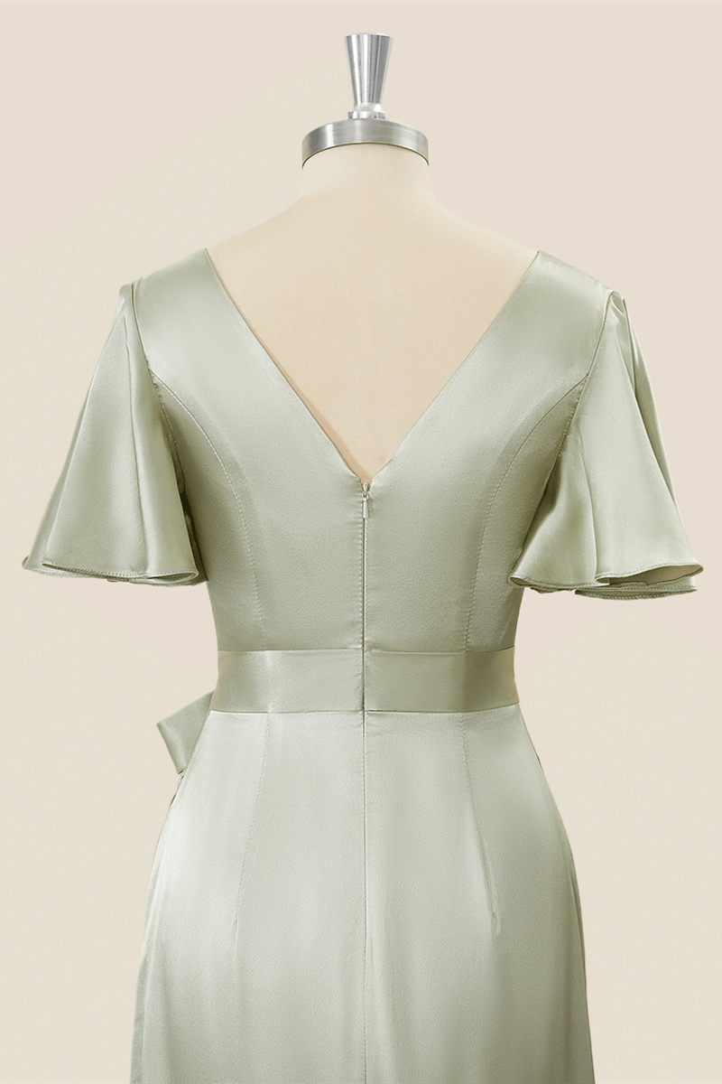 Short Sleeves Sage Green Ruffles Tea Length Dress