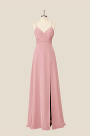Pleated Blush Pink Chiffon Long Party Dress