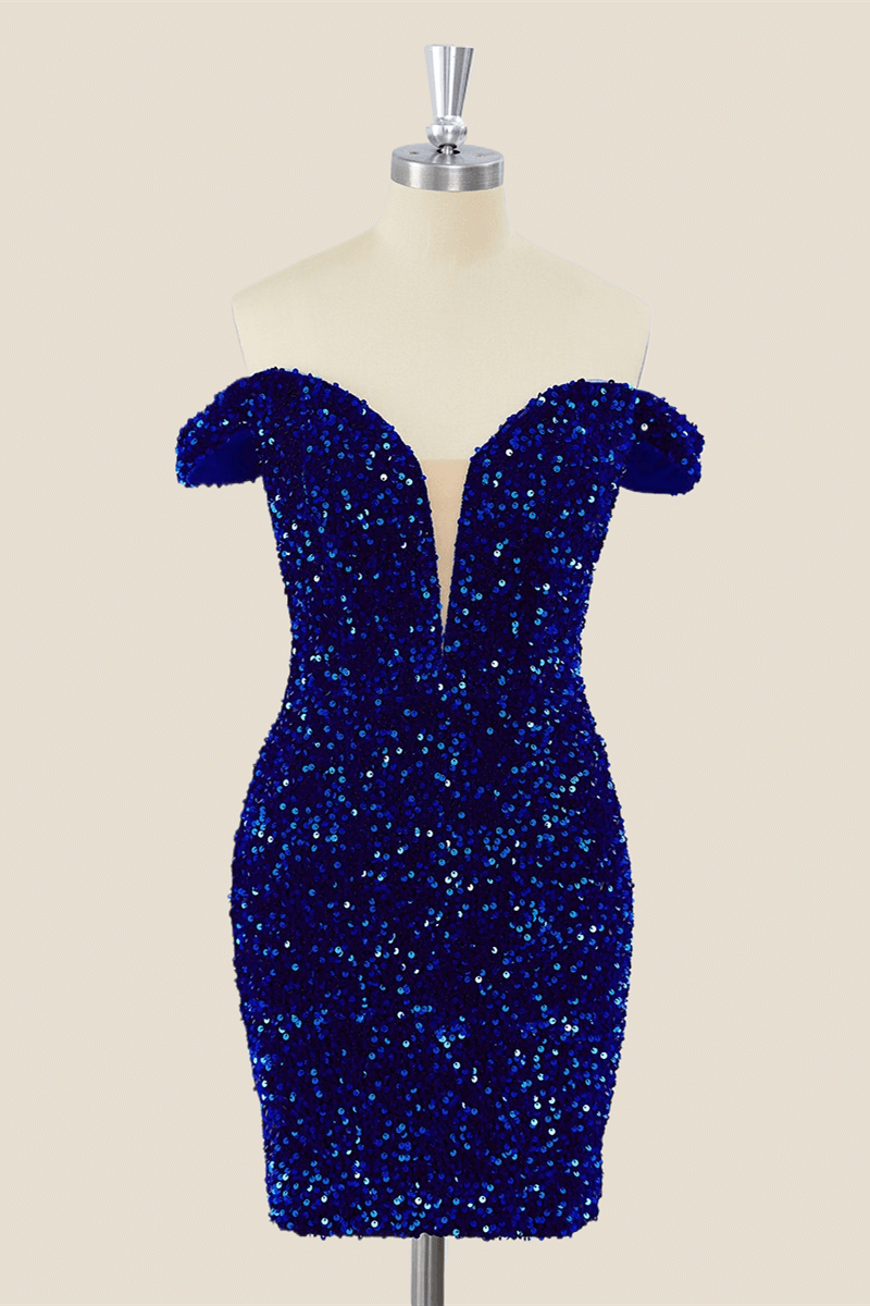 Off the Shoulder Royal Blue Sequin Mini Dress