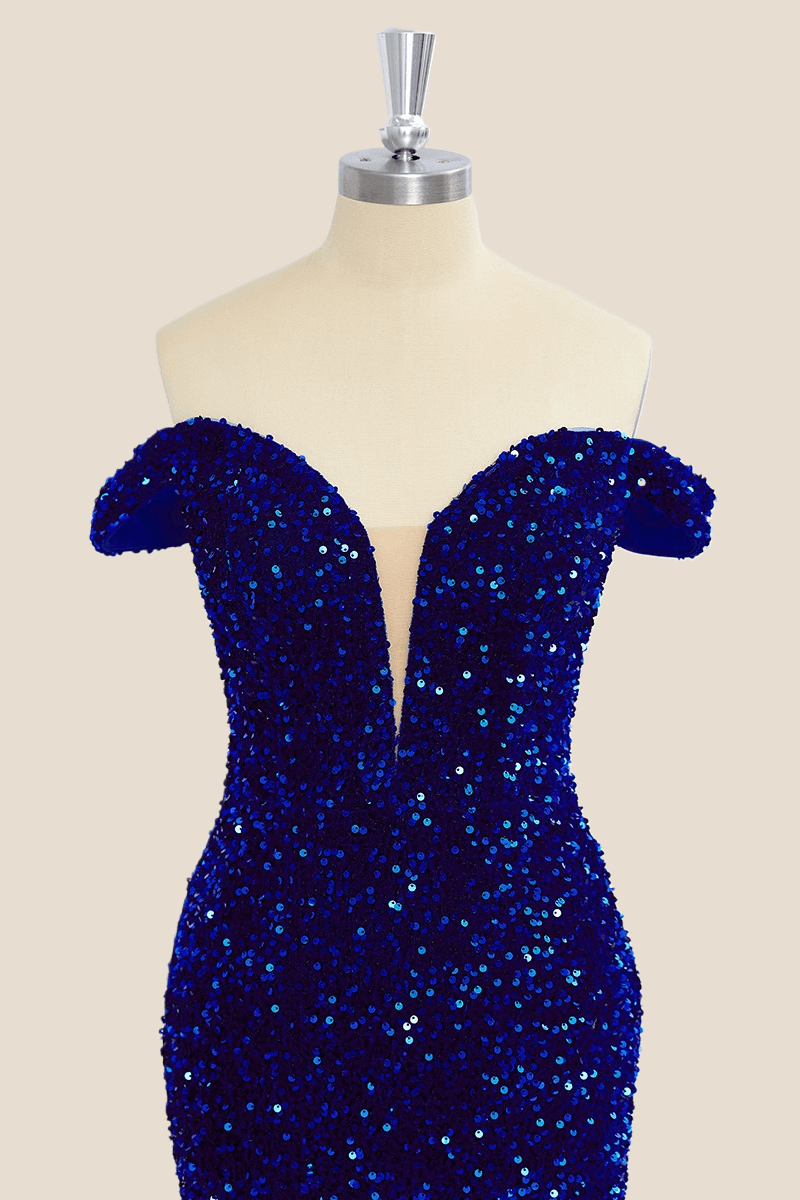 Off the Shoulder Royal Blue Sequin Mini Dress