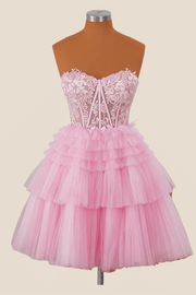 Pink Lace Appliques and Tulle Ruffles Short Dress