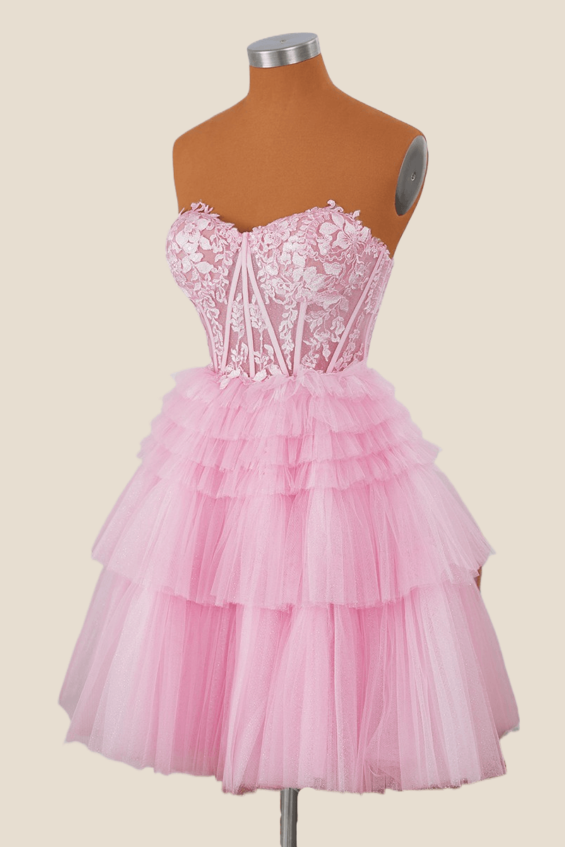 Pink Lace Appliques and Tulle Ruffles Short Dress