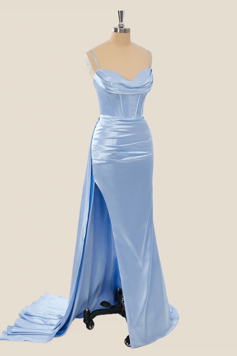 Light Blue Satin Mermaid Long Formal Dress