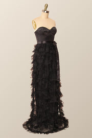 Sweetheart Black Tiered Ruffles Long Formal Dress