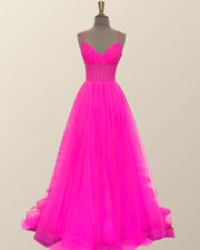Neon Pink Pleated A-line Long Formal Dress