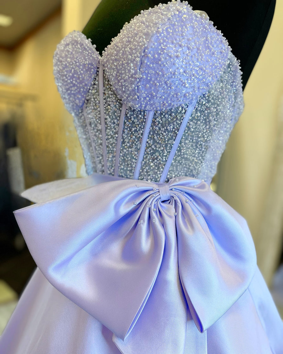 Strapless Purple Beaded Long Dress with Bow