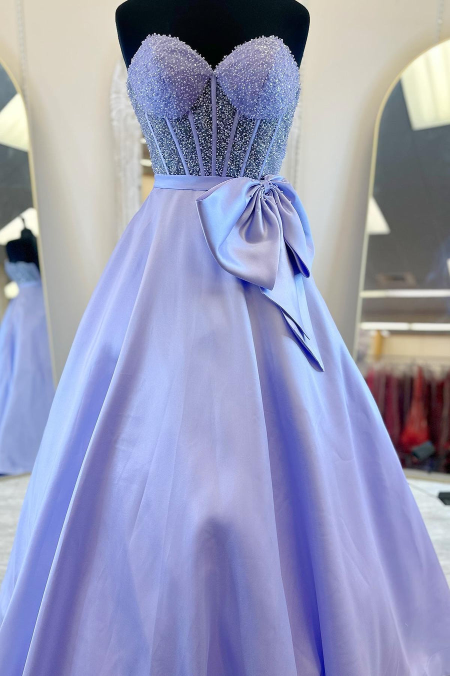 Strapless Purple Beaded Long Dress with Bow