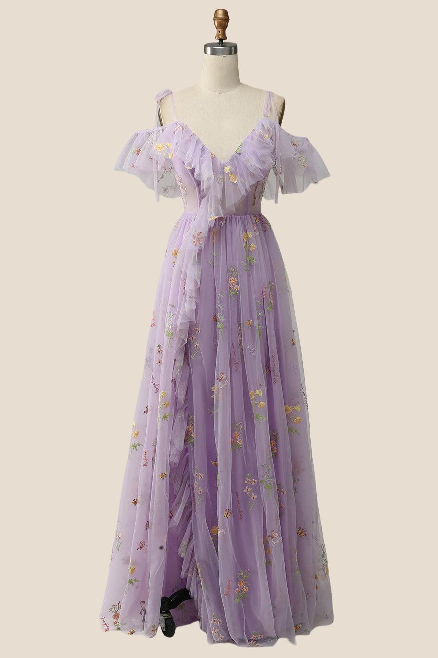 Lavender Floral Ruffles Tulle A-line Long Prom Dress – Ohmollydress